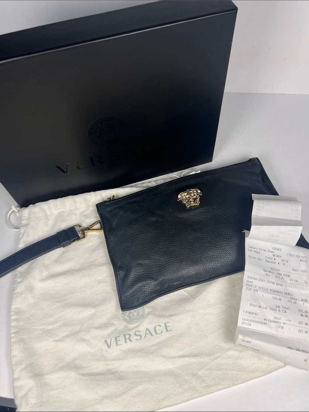 Versace Black Leather Medusa Clutch with Gold Hardware